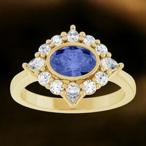 Oval Tanzanite and Lab Diamond Ring in 14kt Yellow Gold